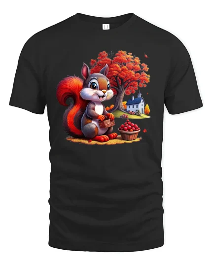 Cute Autumn Squirrel Harvest Basket Graphic T-Shirt - black t-shirt on white background