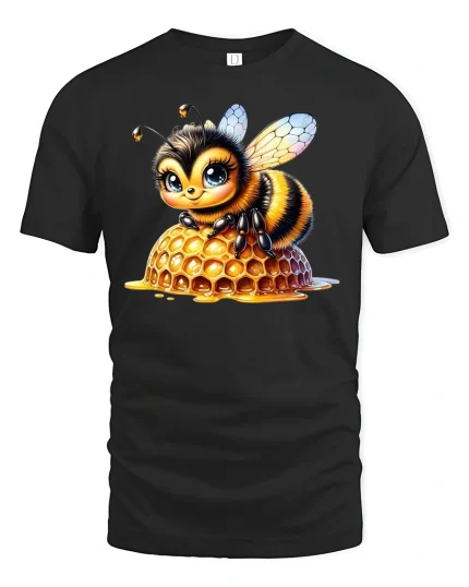 Cute Honey Bee Sitting on Honeycomb Graphic T-Shirt - black t-shirt on white background