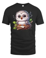 Cute Singing Owl in Nest with Glasses Graphic T-Shirt - black t-shirt on white background