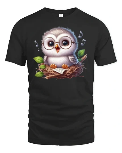 Cute Singing Owl in Nest with Glasses Graphic T-Shirt - black t-shirt on white background