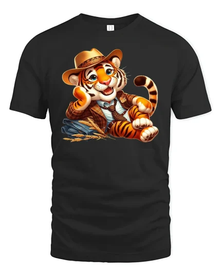 Cute Cowboy Tiger Funny Country Style Graphic T-Shirt - black t-shirt on white background