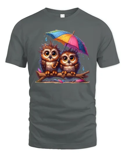 Cute Owl Couple Under Umbrella Rainy Day T-Shirt - gray t-shirt on white background