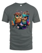 Cute Owl Couple in Love Colorful Funny Animal T-Shirt - gray t-shirt on white background