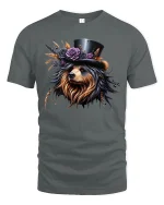 Elegant Yorkie Dog with Hat Floral Art Graphic T-Shirt - gray t-shirt on white background
