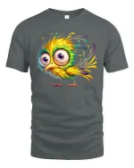 Funny Colorful Bird Big Eyes Cartoon Graphic T-Shirt - gray t-shirt on white background