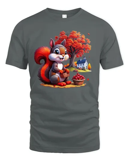 Cute Autumn Squirrel Harvest Basket Graphic T-Shirt - gray t-shirt on white background