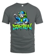 DJ Bear Stay Real Streetwear Graphic Print T-Shirt - gray t-shirt on white background