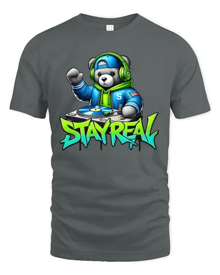 DJ Bear Stay Real Streetwear Graphic Print T-Shirt - gray t-shirt on white background