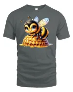Cute Honey Bee Sitting on Honeycomb Graphic T-Shirt - gray t-shirt on white background