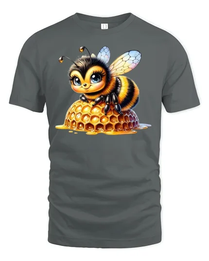 Cute Honey Bee Sitting on Honeycomb Graphic T-Shirt - gray t-shirt on white background