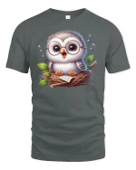 Cute Singing Owl in Nest with Glasses Graphic T-Shirt - gray t-shirt on white background