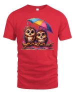 Cute Owl Couple Under Umbrella Rainy Day T-Shirt - red t-shirt on white background