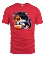 Cute Kitten and Mouse Sharing Milk Funny Animal T-Shirt - red t-shirt on white background