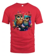 Cute Owl Couple in Love Colorful Funny Animal T-Shirt - red t-shirt on white background