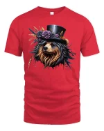 Elegant Yorkie Dog with Hat Floral Art Graphic T-Shirt - red t-shirt on white background