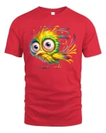 Funny Colorful Bird Big Eyes Cartoon Graphic T-Shirt - red t-shirt on white background