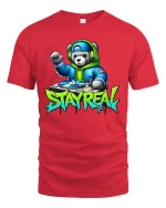 DJ Bear Stay Real Streetwear Graphic Print T-Shirt - red t-shirt on white background