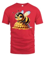 Cute Honey Bee Sitting on Honeycomb Graphic T-Shirt - red t-shirt on white background