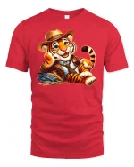 Cute Cowboy Tiger Funny Country Style Graphic T-Shirt - red t-shirt on white background