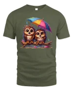 Cute Owl Couple Under Umbrella Rainy Day T-Shirt - military green t-shirt on white background