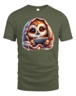 Cute Cozy Owl with Blanket Funny Lazy Day Graphic Tee - military green t-shirt on white background