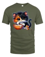 Cute Kitten and Mouse Sharing Milk Funny Animal T-Shirt - military green t-shirt on white background