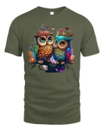 Cute Owl Couple in Love Colorful Funny Animal T-Shirt - military green t-shirt on white background