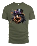 Elegant Yorkie Dog with Hat Floral Art Graphic T-Shirt - military green t-shirt on white background