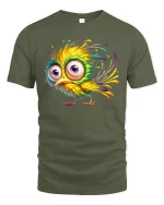 Funny Colorful Bird Big Eyes Cartoon Graphic T-Shirt - military green t-shirt on white background