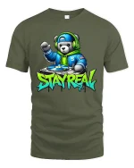 DJ Bear Stay Real Streetwear Graphic Print T-Shirt - military green t-shirt on white background