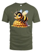 Cute Honey Bee Sitting on Honeycomb Graphic T-Shirt - military green t-shirt on white background