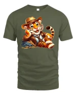 Cute Cowboy Tiger Funny Country Style Graphic T-Shirt - military green t-shirt on white background