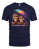 Cute Owl Couple Under Umbrella Rainy Day T-Shirt - navy t-shirt on white background