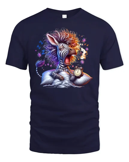 Funny Sleepy Zebra Morning Alarm Graphic T-Shirt - navy t-shirt on white background