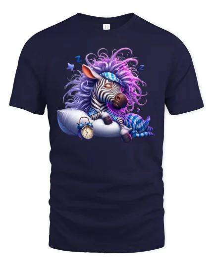 Funny Sleepy Zebra Pajama Dreamy Night Graphic Tee - navy t-shirt on white background