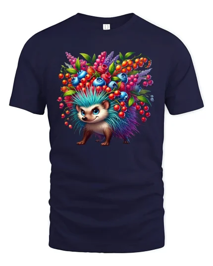 Colorful Hedgehog with Berries Cute Animal Graphic Tee - navy t-shirt on white background