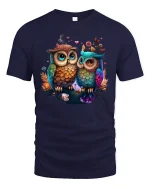 Cute Owl Couple in Love Colorful Funny Animal T-Shirt - navy t-shirt on white background