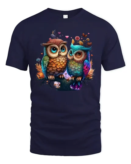 Cute Owl Couple in Love Colorful Funny Animal T-Shirt - navy t-shirt on white background