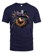Elegant Yorkie Dog with Hat Floral Art Graphic T-Shirt - navy t-shirt on white background