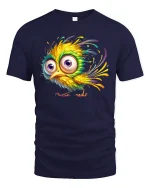 Funny Colorful Bird Big Eyes Cartoon Graphic T-Shirt - navy t-shirt on white background