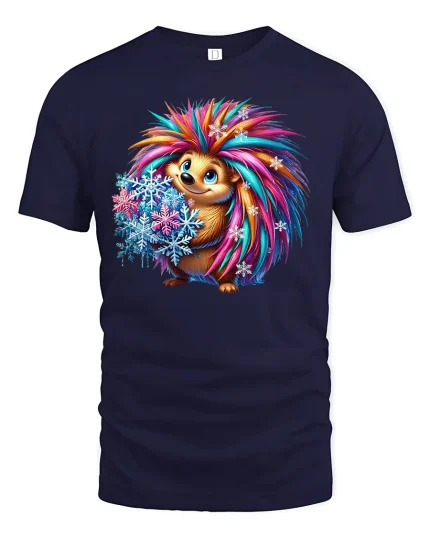 Colorful Winter Hedgehog Cute Snowflake Graphic T-Shirt - navy t-shirt on white background