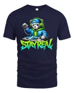 DJ Bear Stay Real Streetwear Graphic Print T-Shirt - navy t-shirt on white background