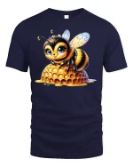 Cute Honey Bee Sitting on Honeycomb Graphic T-Shirt - navy t-shirt on white background