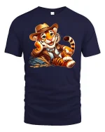 Cute Cowboy Tiger Funny Country Style Graphic T-Shirt - navy t-shirt on white background