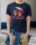 Cute Owl Couple Under Umbrella Rainy Day T-Shirt - model wearing navy tee with hands in pockets