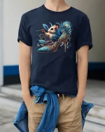 Fancy Mouse in High Heel Artistic Fashion Graphic Tee - model wearing navy tee with hands in pockets