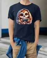 Cute Cozy Owl with Blanket Funny Lazy Day Graphic Tee - model wearing navy tee with hands in pockets