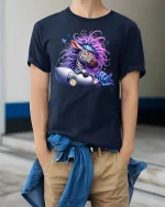 Funny Sleepy Zebra Pajama Dreamy Night Graphic Tee - model wearing navy tee with hands in pockets