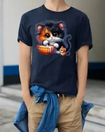 Cute Kitten and Mouse Sharing Milk Funny Animal T-Shirt - model wearing navy tee with hands in pockets