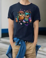 Cute Owl Couple in Love Colorful Funny Animal T-Shirt - model wearing navy tee with hands in pockets